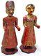 Hand Carved Hard Wood Man Woman Gangaur Figurines Pair Very Fine Painted