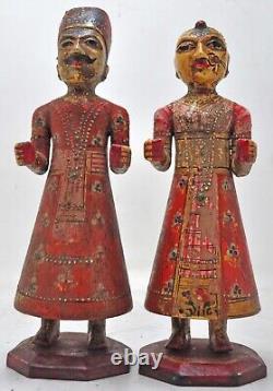 Hand Carved Hard Wood Man Woman Gangaur Figurines Pair Very Fine Painted