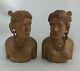 Hand Carved Pair Of Teak Wood Tribal Bust Sculptures Of Woman And Man