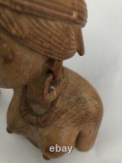 Hand Carved Pair of Teak Wood Tribal Bust Sculptures of Woman and Man