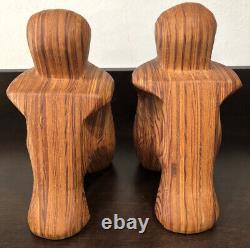 Hand Carved Solid Zebra Wood Pair of Sitting People Bookends Preowned