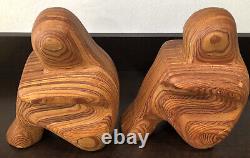 Hand Carved Solid Zebra Wood Pair of Sitting People Bookends Preowned