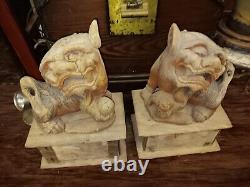 Hand Carved Wood Foo Dog Statues Pair of Asian Temple Guard Fo Dog Figurines