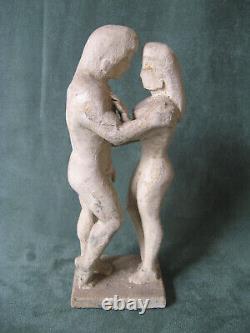 Hand-carved Pair of Wooden Folk Art Nude Man & Woman / c. 1930