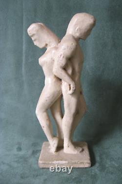 Hand-carved Pair of Wooden Folk Art Nude Man & Woman / c. 1930