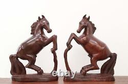 Horse Pair Statue Vintage Wooden Animal Sculpture Art Equestrian Home Decor Gift