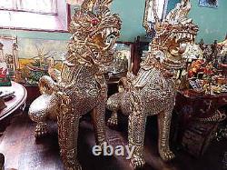 Huge Vintage Wood Hand Carved Temple Feng Shui Foo Dogs/Lions Animals Pair H 5ft