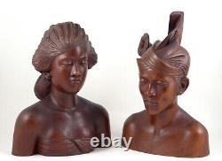Klungkung Hand-Carved Man & Woman Busts Pair Bali Indonesia Hard Wood Large 12