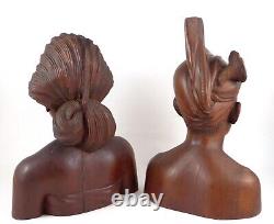 Klungkung Hand-Carved Man & Woman Busts Pair Bali Indonesia Hard Wood Large 12