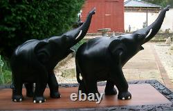 LARGE8.6kg PAIR OF CEYLON EBONY HAND CARVED WOODEN ELEPHANTS-TRUNKS UP