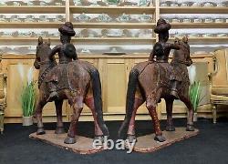 LARGE RARE PAIR EARLY 19thc ASIAN POLYCHROME CARVED HORSES WITH MUGHAL RIDERS