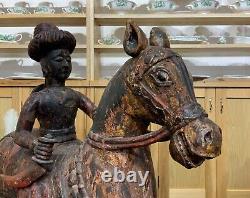 LARGE RARE PAIR EARLY 19thc ASIAN POLYCHROME CARVED HORSES WITH MUGHAL RIDERS