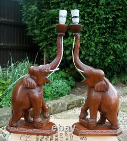 Large Pair Of Antique Indian Hand Carved Wooden Elephant Table Lamps