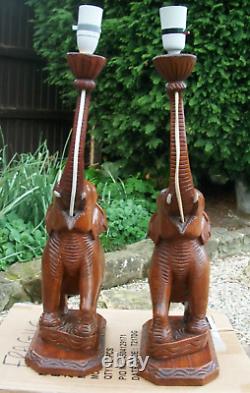 Large Pair Of Antique Indian Hand Carved Wooden Elephant Table Lamps