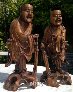 Large Pair of Antique 19thC Chinese Carved Travelling Buddhist Priests 40cm tall
