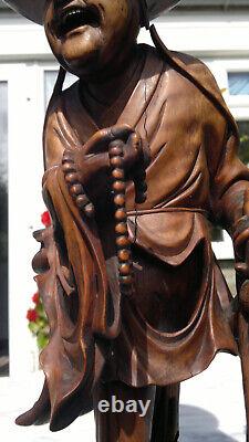 Large Pair of Antique 19thC Chinese Carved Travelling Buddhist Priests 40cm tall