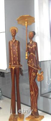 Large Size 32 Vintage Pair African Man & Woman Carved Wood Sculptures Figurines