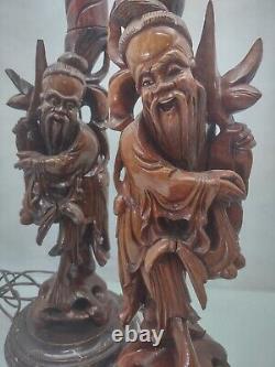 MATCHING PAIR of Antique Chinese Wood Sculpture Lamps WORK Orient Asia Man Carve