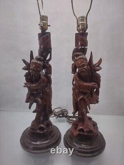 MATCHING PAIR of Antique Chinese Wood Sculpture Lamps WORK Orient Asia Man Carve