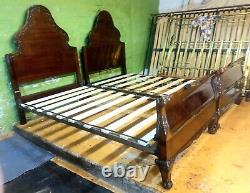 Magnificent pair of adults Art Deco carved walnut single beds 1930s Queen Anne