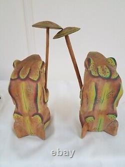 Nice MCM Pair signed 2 Large Vintage Figurine Frog Wooden Hand Carved w Umbrella