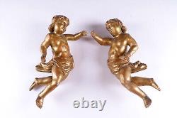 PAIR 19thc large Baroque Wood carved gold gilt putti cherub wall angels statue