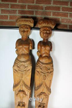 PAIR 47.6 XXL Fireplace wood carved mantel column caryatid lady satyr devil