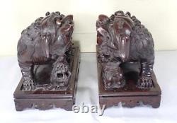 PAIR Antique CHINESE 19th c. Carved Hard WOOD Foo DOGS Lions FIGURINES Qing