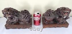 PAIR Antique CHINESE 19th c. Carved Hard WOOD Foo DOGS Lions FIGURINES Qing