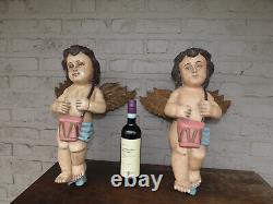 PAIR French Large wood carved wall hang angel musician figurines statue