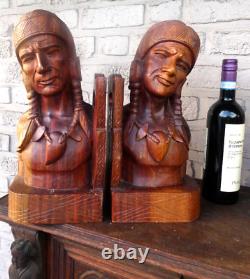 PAIR LARGE wood carved native american Tribal art bookends mid 20thc
