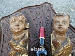PAIR antique 19thc wood carved polychrome putti angel heads wall plaque statue