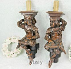 PAIR antique Breton wood carved Figurines couple Wall lights sconces 1930