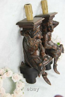 PAIR antique Breton wood carved Figurines couple Wall lights sconces 1930