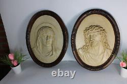 PAIR antique wood carved frame chalkware plaques MAry Christ relief wall