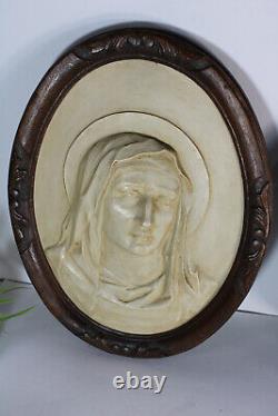 PAIR antique wood carved frame chalkware plaques MAry Christ relief wall