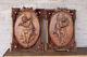 Pair Antique Wood Carved Putti Angel Musician Figural Wall Panel Plaque Velvet