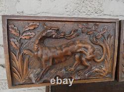 PAIR antique wood carved relief mythological dragon plaques Panels gothic