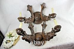 PAIR huge antique wood carved french Dragon gothic castle Wall lights sconces