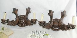 PAIR huge antique wood carved french Dragon gothic castle Wall lights sconces