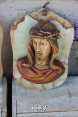 PAIR vintage italian wood carved relief madonna jesus figurine onyx plaque