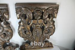 PAIR vintage wood carved mythological horse Figural cabinet panels