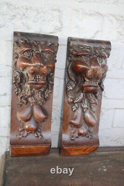 PAIR wood carved lion heads parts cabinet