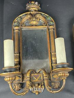 Pair 1920s Gilt Wood Carved Fruit Framed Mirrored 2-arm Sconces electric as is