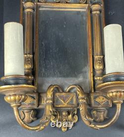 Pair 1920s Gilt Wood Carved Fruit Framed Mirrored 2-arm Sconces electric as is