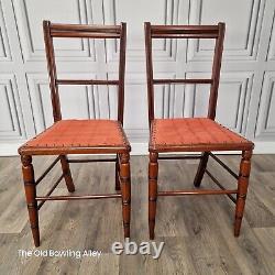 Pair 2 Antique Edwardian Wood Fabric Carved Ladder Back Chairs Lounge Bedroom