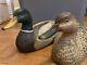 Pair 2 Hand Carved Painted Large Wooden Mallard Mottled Duck Decoy Figurine Set
