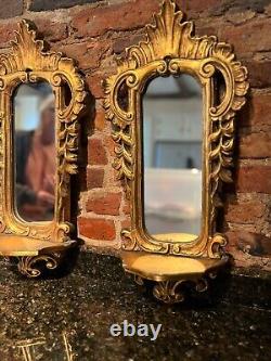 Pair (2) Vintage Gold Gilt Carved Ornate Wood Sconces