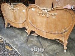 Pair 2 x antique French curved carved single beds cabriole legs castors sprung