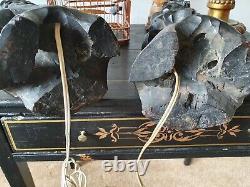 Pair Antique 16.5Chinese Root ebonised Wood Carving Wiseman lamp bases, statues